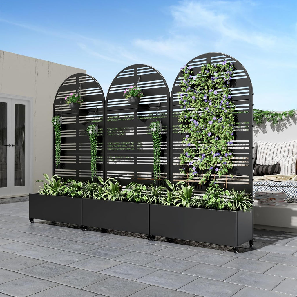 Metal Raised Garden Bed with Trellis & Wheels,72"x47"x16" Planter Box for Climbing Plants and Vegetables with Drainage Holes & Privacy Screen (Black)