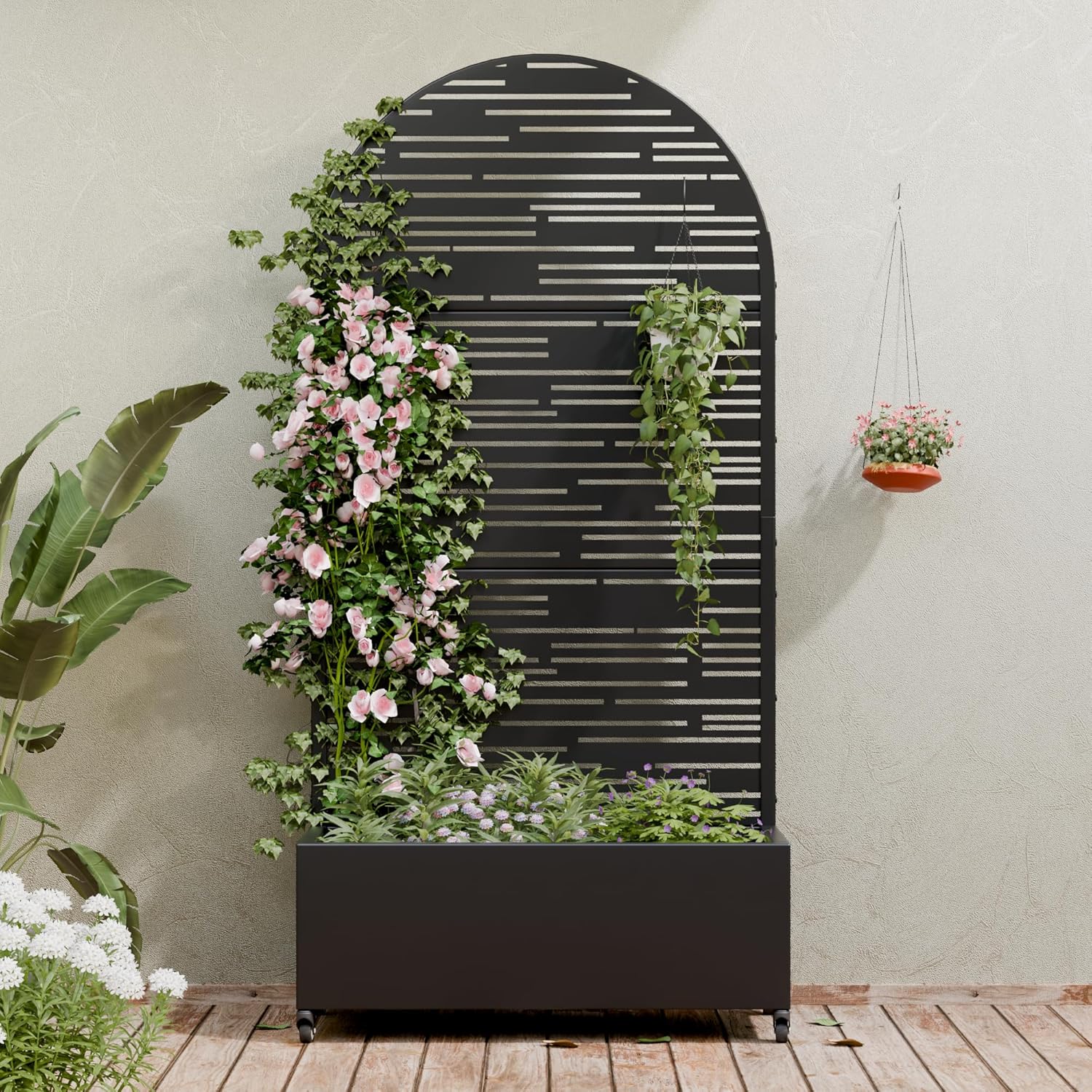 Metal Raised Garden Bed with Trellis & Wheels,72"x47"x16" Planter Box for Climbing Plants and Vegetables with Drainage Holes & Privacy Screen (Black)