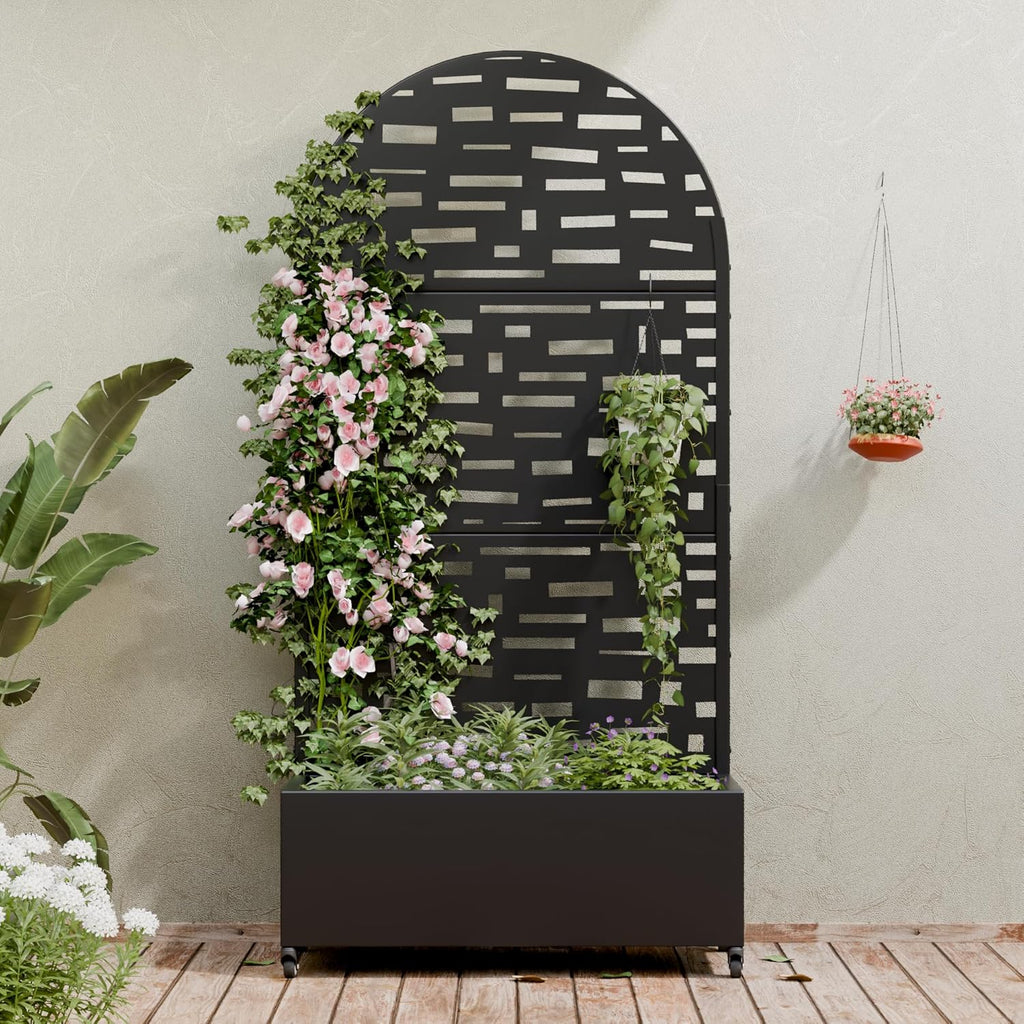Metal Raised Garden Bed with Trellis & Wheels,72"x47"x16" Planter Box for Climbing Plants and Vegetables with Drainage Holes & Privacy Screen (Black)