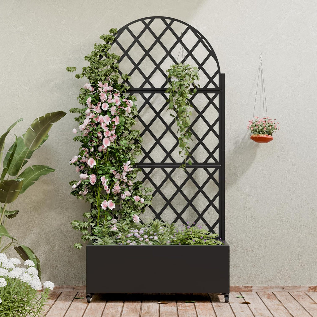 Metal Raised Garden Bed with Trellis & Wheels,72"x47"x16" Planter Box for Climbing Plants and Vegetables with Drainage Holes & Privacy Screen (Black)