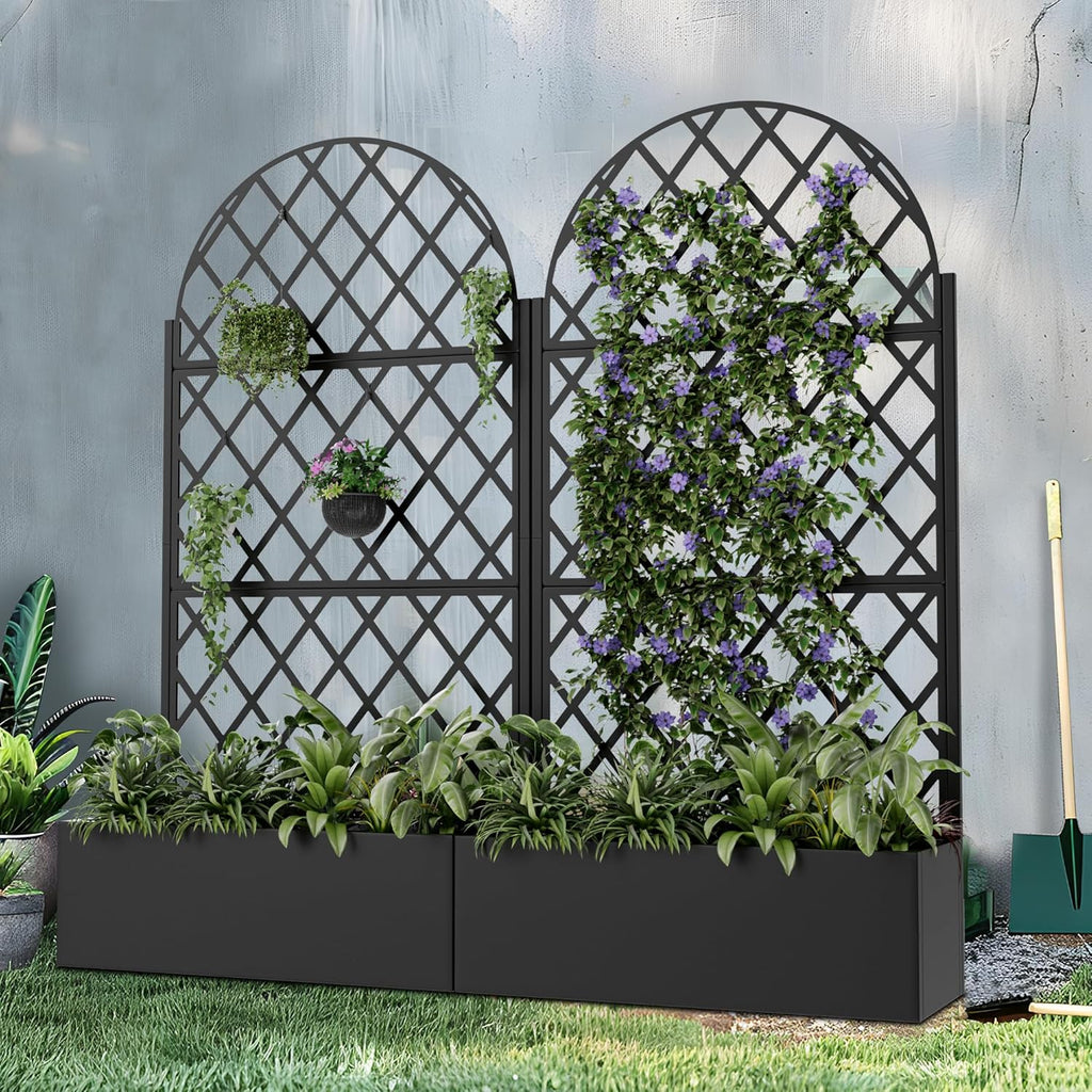 Metal Raised Garden Bed with Trellis & Wheels,72"x47"x16" Planter Box for Climbing Plants and Vegetables with Drainage Holes & Privacy Screen (Black)