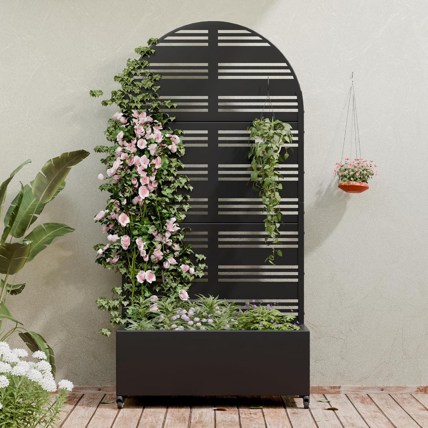 Metal Raised Garden Bed with Trellis & Wheels,72"x47"x16" Planter Box for Climbing Plants and Vegetables with Drainage Holes & Privacy Screen (Black)