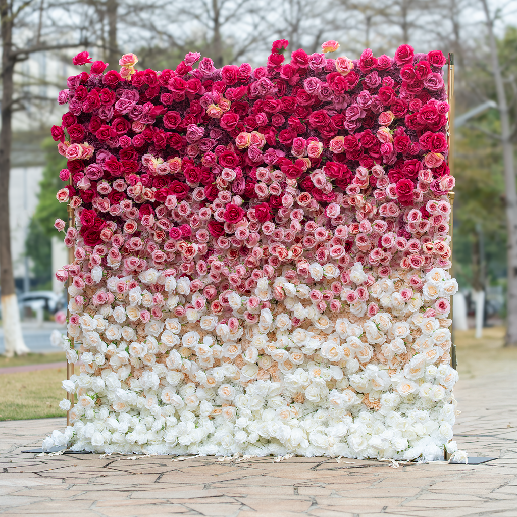 🔥[Hot sale]🔥 Roll Up Fabric Artificial Red to White Gradient Flower Wall Wedding Backdrop, Floral Party Decor, Event Photography